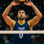 Jogador central no vôlei. Imagem criada por IA